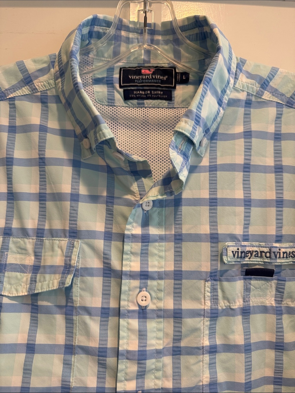 Vineyard Vines Light Blue and Aqua Plaid Button-Down Harbor Shirt Size L